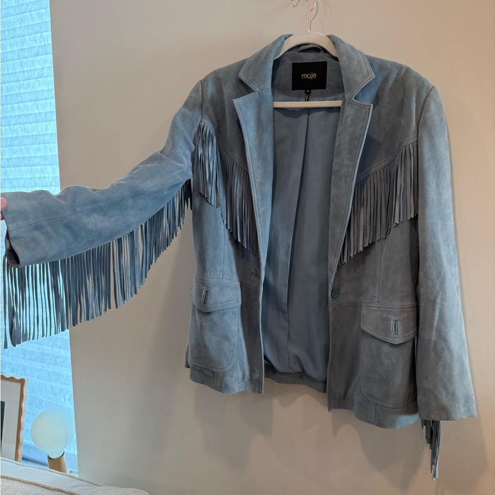 Maje Gray Suede Fringe Blazer